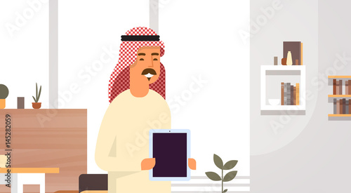 Arab Business Man Holding Empty Tablet Computer Entrepreneur In Modern Office Flat Vector Illustration