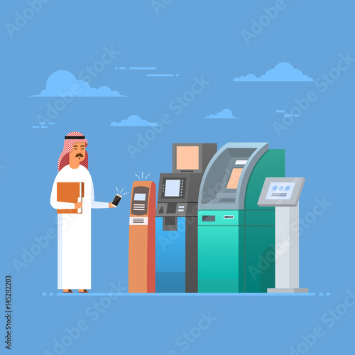 Arab Man Using Atm Machine Cell Smart Phone Mobile Payment, Islam Businessman Wearing Traditional Clothes Flat Vector Illustration