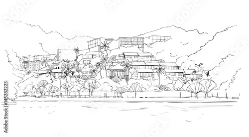 Real Estate Silhouette Big Modern Villa House In Tropical Forest Skecth Vector Illustration