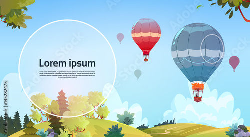 Colorful Air Balloons Flying In Sky Over Summer Landscape Flat Vector Illustration