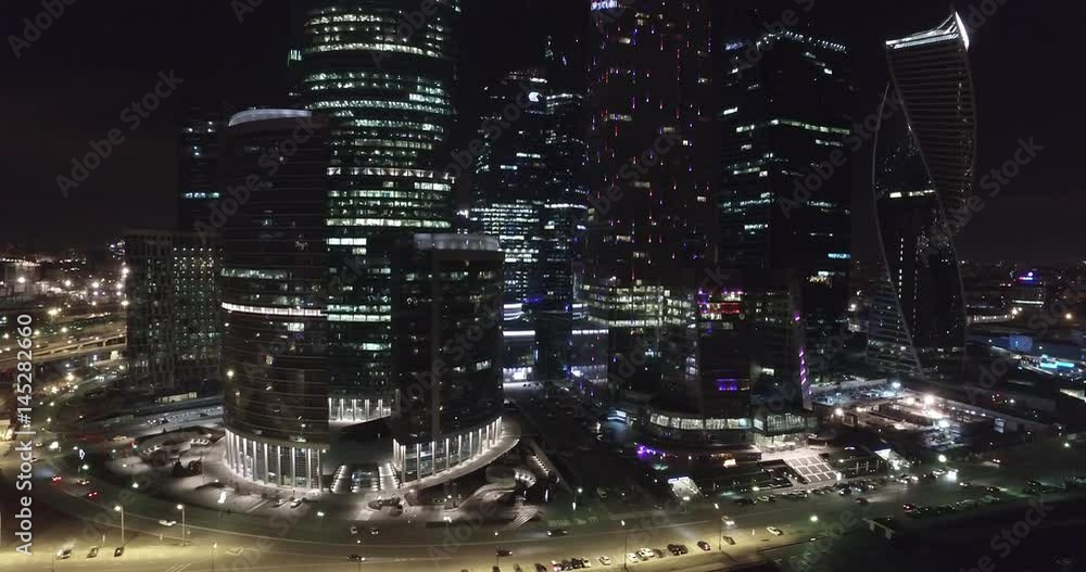 Aerial night business building Moscow city Aerial night business building Moscow city