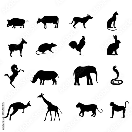 Set of sixteen black animal silhouettes.