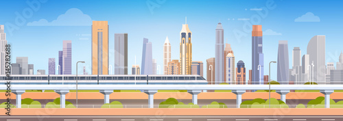 Subway Over City Skyscraper View Cityscape Background Skyline Flat Vector Illustration