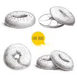 Hand drawn sketch style sesame bagels set isolated on white background. Bagel, sliced bagel with cream cheese. Daily fresh bakery illustration.