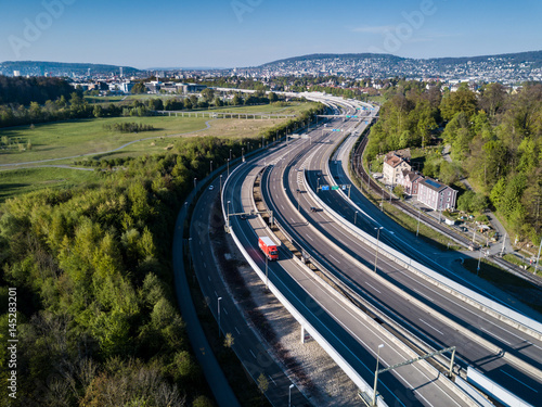 Aerial view on highway towards Zurich, Switzerland