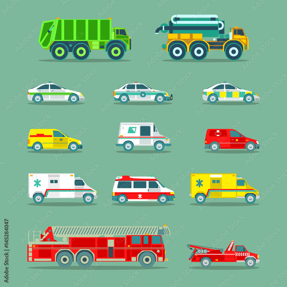 Naklejka premium Town municipal special, emergency service cars and trucks icons collection. Vector city transport set in flat style.