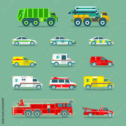 Town municipal special, emergency service cars and trucks icons collection. Vector city transport set in flat style. © vladayoung