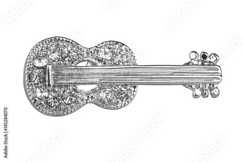 Canvas-taulu Silver brooch shaped like a guitar, with small diamonds, isolated on white backg