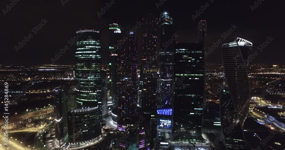 Aerial night business building Moscow city Aerial night business building Moscow city