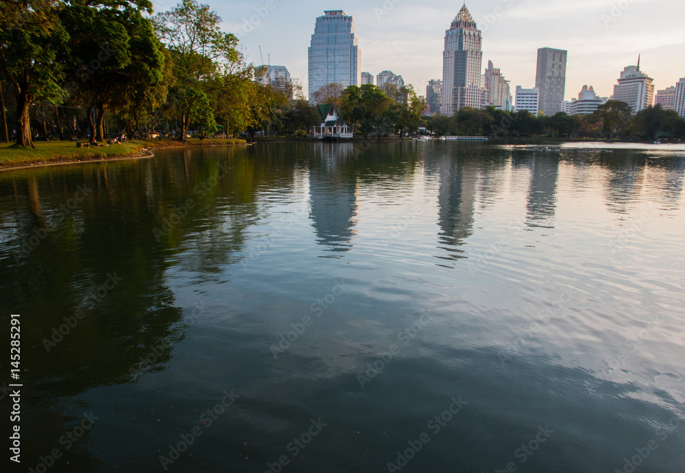 Cityscape at Lumpini park, Bangkok, Thailand