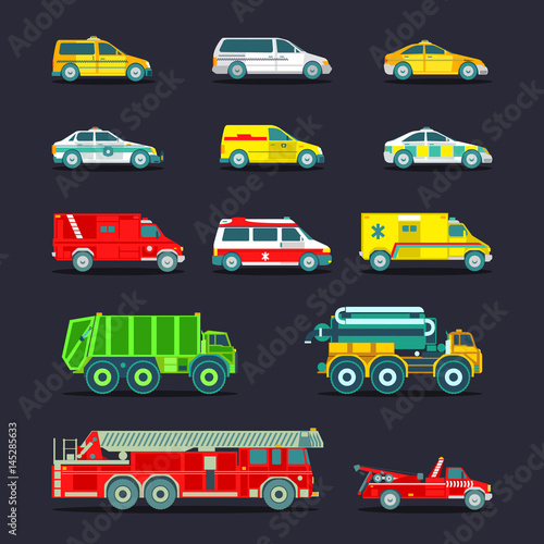 Town municipal special, emergency service cars and trucks icons collection. Vector city transport set in flat style.