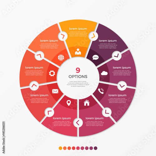Circle chart infographic template with 9 options