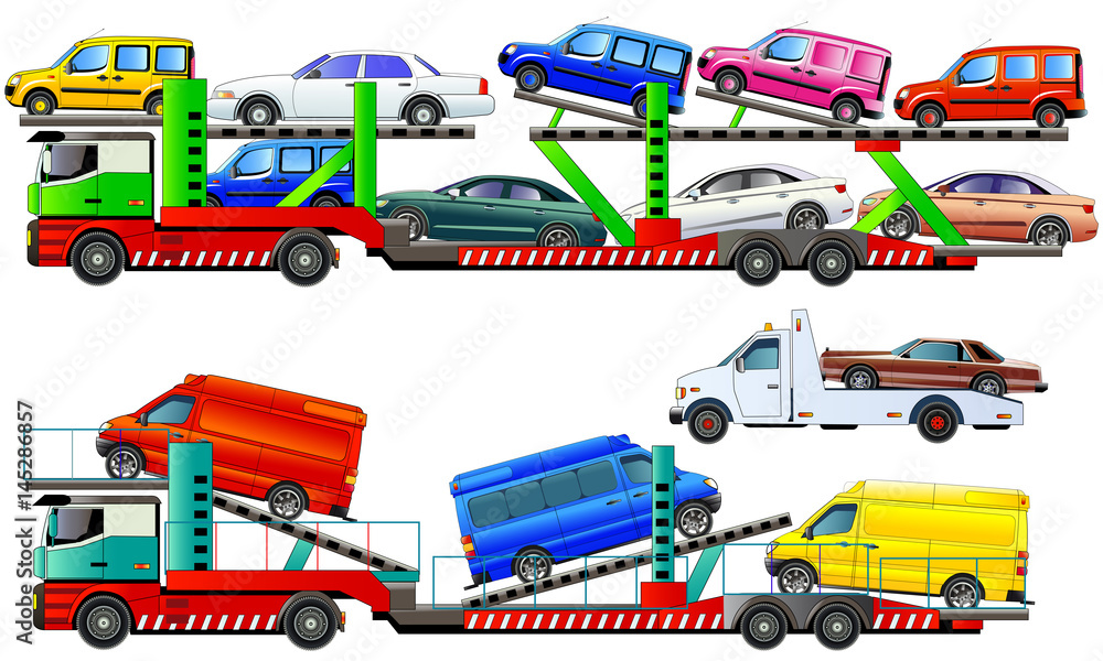 Car carrier trucks deliver new autos, vector illustration Stock Vector