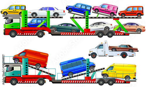 Car carrier trucks deliver new autos, vector illustration