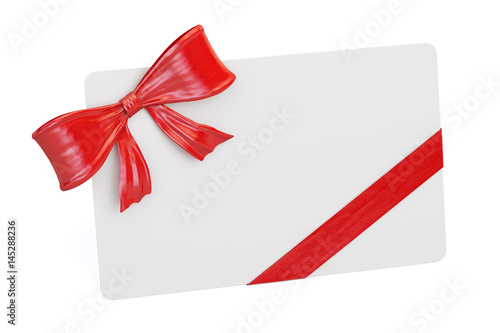 Blank greeting card with red ribbon and bow, 3D rendering