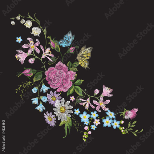 Embroidery trend floral pattern with butterfly. Vector traditional folk roses, lilies and forget me not flowers bouquet on black background for clothing design.