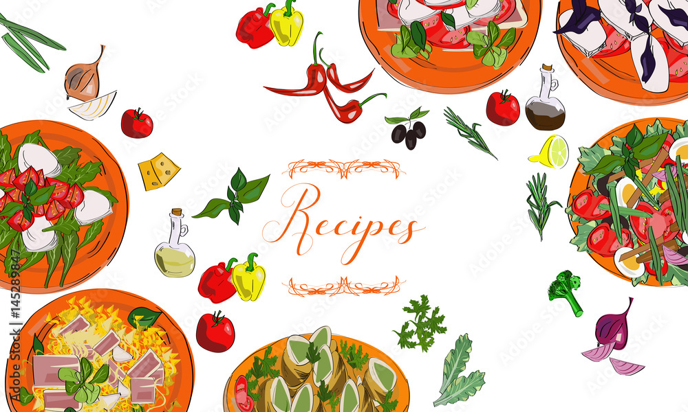 Vector set of recipes book with hand drawn vegetables and dishes. Vector illustration. Vector set of recipes book with hand drawn vegetables and dishes. Vector illustration.