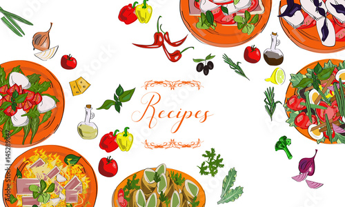 Fototapeta Naklejka Na Ścianę i Meble -  Vector set of recipes book with hand drawn vegetables and dishes. Vector illustration.