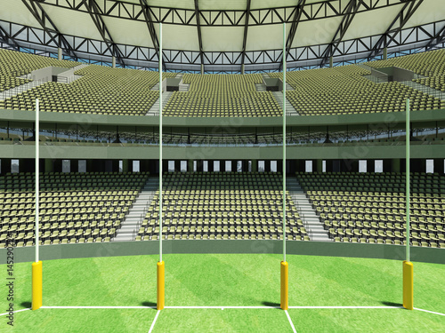 3D render of a round Australian rules football stadium with green gray seats and VIP boxes