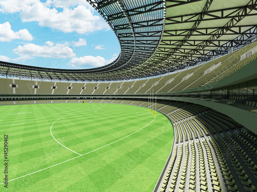 3D render of a round Australian rules football stadium with  green gray seats and VIP boxes photo