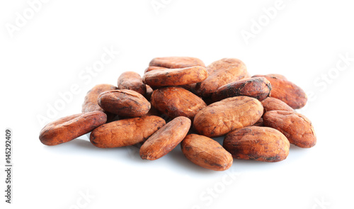 Aromatic cocoa beans on white background