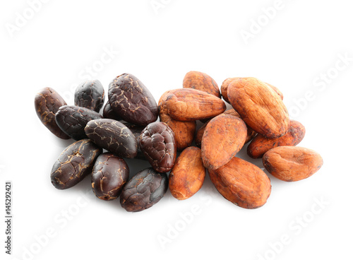 Aromatic cocoa beans on white background