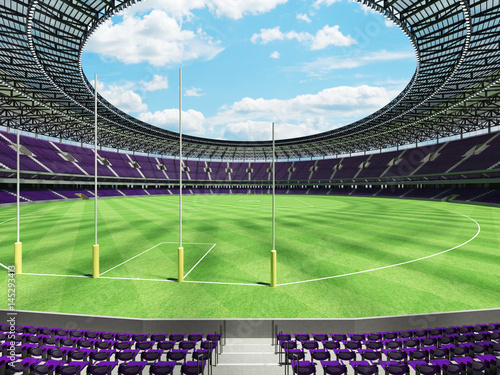 3D render of a round Australian rules football stadium with  purple seats and VIP boxes