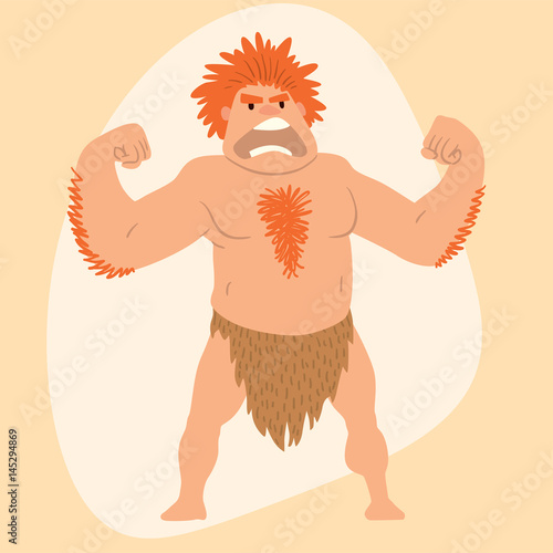 Caveman primitive stone age man cartoon neanderthal human character evolution vector illustration.