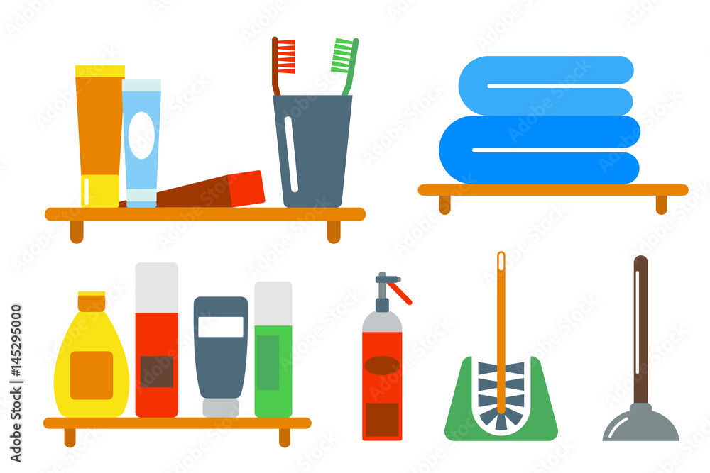 Bath equipment icons shower flat style colorful clip art illustration for bathroom hygiene vector design. Bath equipment icons shower flat style colorful clip art illustration for bathroom hygiene vector design.