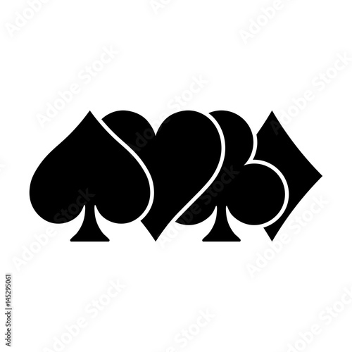Poker card suits - hearts, clubs, spades and diamonds - on white background. Casino gambling theme vector illustration. Partly overlapped black shapes with white outline.