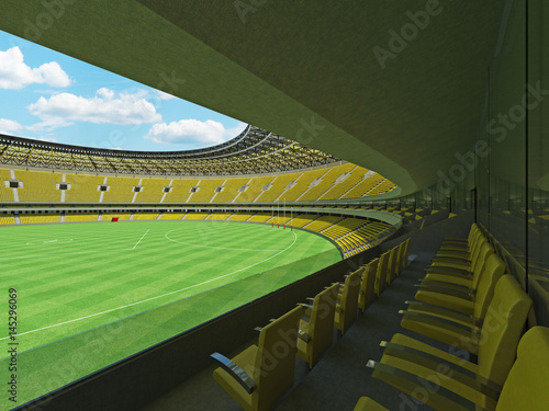 3D render of a round Australian rules football stadium with  yellow seats and VIP boxes