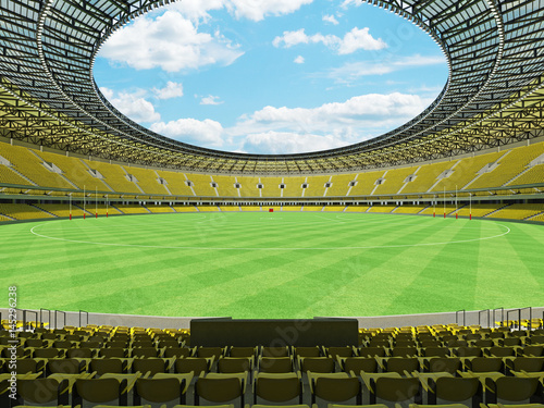 3D render of a round Australian rules football stadium with yellow seats and VIP boxes