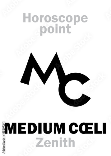 Astrology Alphabet: MEDIUM CŒLI (Zenith), Middle of The Sky (Midheaven), point of Horoscope. Hieroglyphics character sign (single symbol).