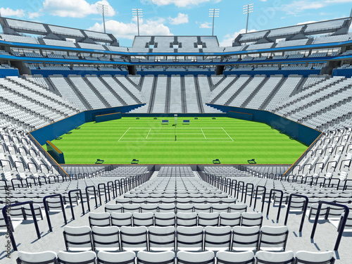 3D render of beautiful large modern tennis grass court stadium with white chairs