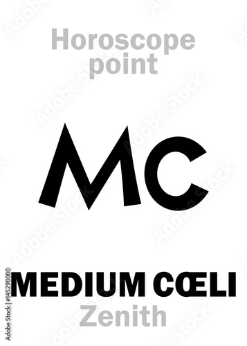 Astrology Alphabet: MEDIUM CŒLI (Zenith), Middle of The Sky, uppermost point of Horoscope. Hieroglyphics character sign (single symbol).