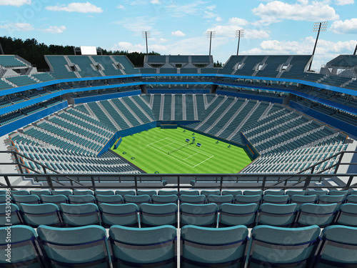 3D render of beautiful large modern tennis grass court stadium with blue chairs