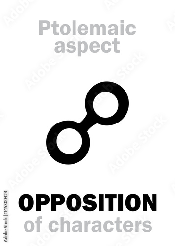Astrology Alphabet: OPPOSITION (180°) of characteristics, classic major Ptolemaic aspect. Hieroglyphics character sign (single symbol).