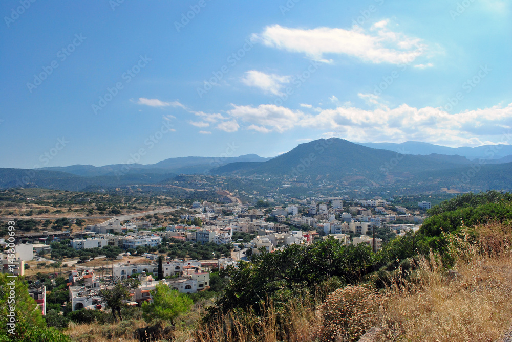 Panoramic view of Agios Nikolaos town from the hill, Greece, Crete island