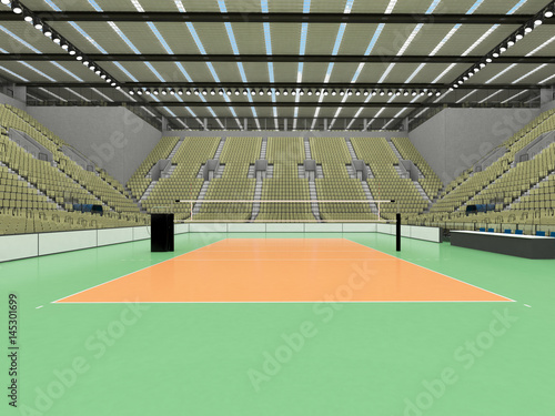 Beautiful sports arena for volleyball with olive green seats and VIP boxes
