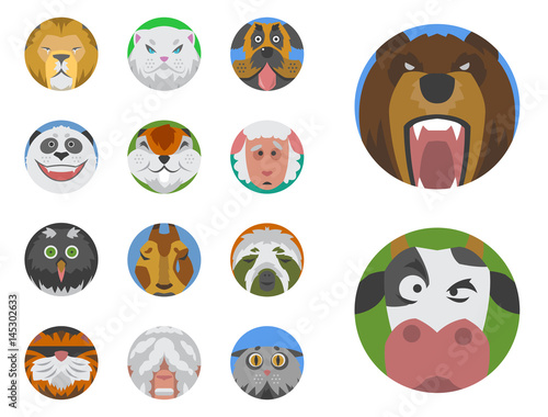 Cute animals emotions icons isolated fun set face happy character emoji comic adorable pet and expression smile collection wild avatar vector illustration.