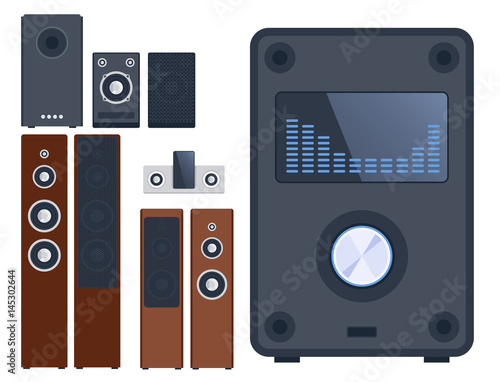 Home sound system stereo flat vector music loudspeakers player subwoofer equipment technology.