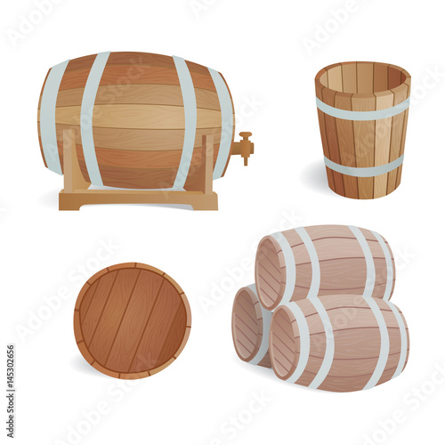 Wooden barrel vintage old style oak storage container and brown isolated retro liquid beverage object fermenting distillery cargo drum lager vector illustration.