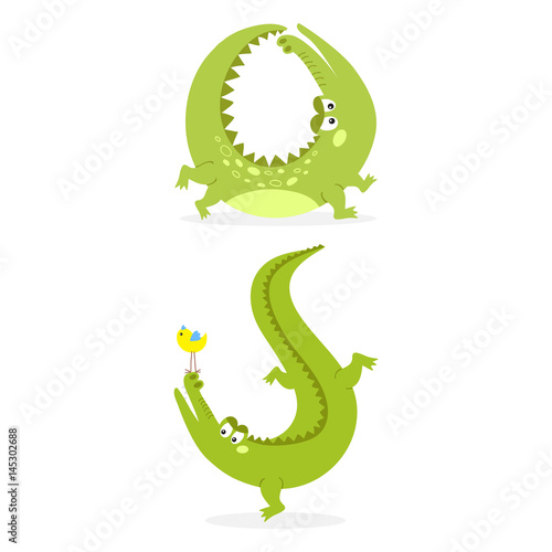 Cartoon green crocodile funny predator australian wildlife river reptile alligator flat vector illustration.