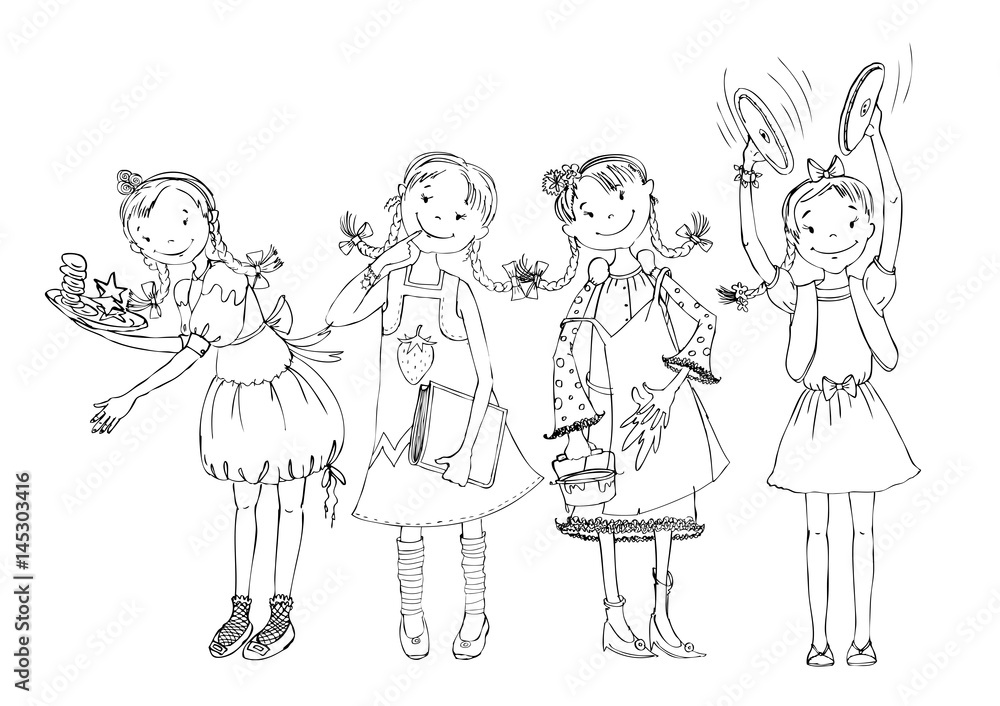Little girl doodle, paying musical instrument, drawing, running, reading, cooking. School activities, educational concept Little girl doodle, paying musical instrument, drawing, running, reading, cooking. School activities, educational concept