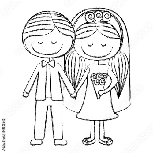 blurred silhouette caricature groom with formal suit and bride with pigtails hairstyle vector illustration