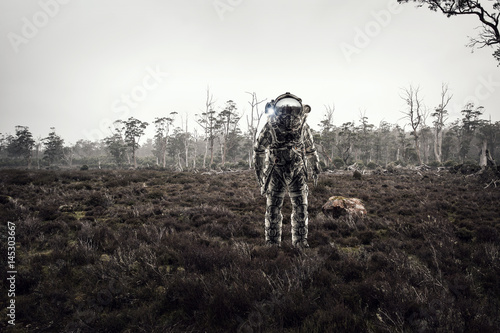Astronaut in forest . Mixed media