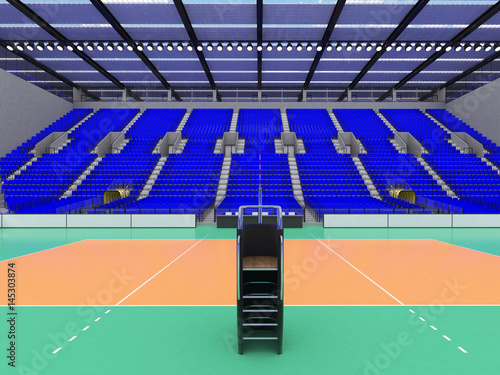 Beautiful sports arena for volleyball with blue seats and VIP boxes
