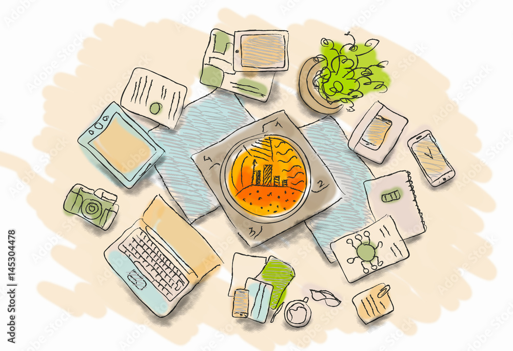 Drawn image of work table with objects . Mixed media Drawn image of work table with objects . Mixed media