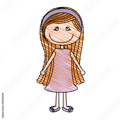 color pencil drawing of caricature long hair girl with rose dress vector illustration