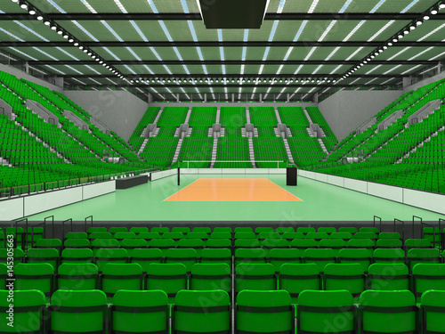 3D render of beautiful sports arena for volleyball with green seats and VIP boxes
